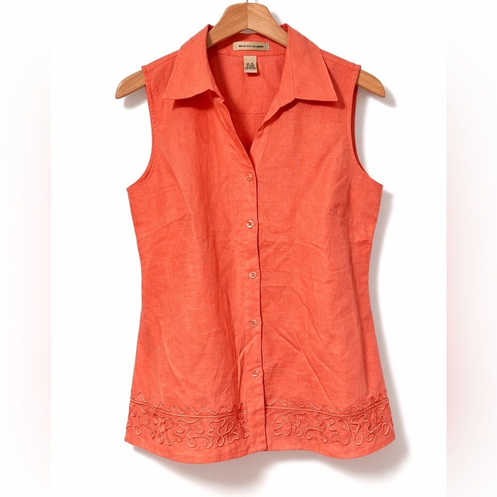 Ecologie Coral Linen Button Front Tank Top Embroidered Hem XL